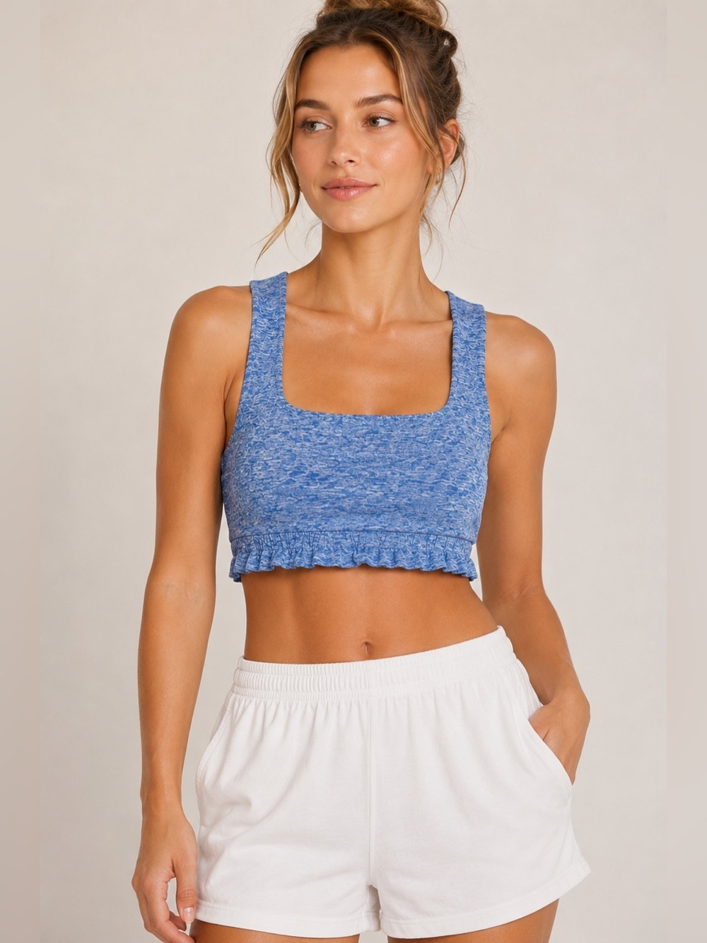 Thrive Societe Blue Ruffle Back Sports Bra Size Medium No Padding